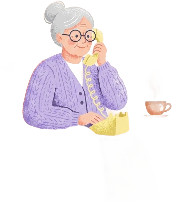 Illustration of an elderly lady happily chatting on a corded telephone, cup of tea beside her