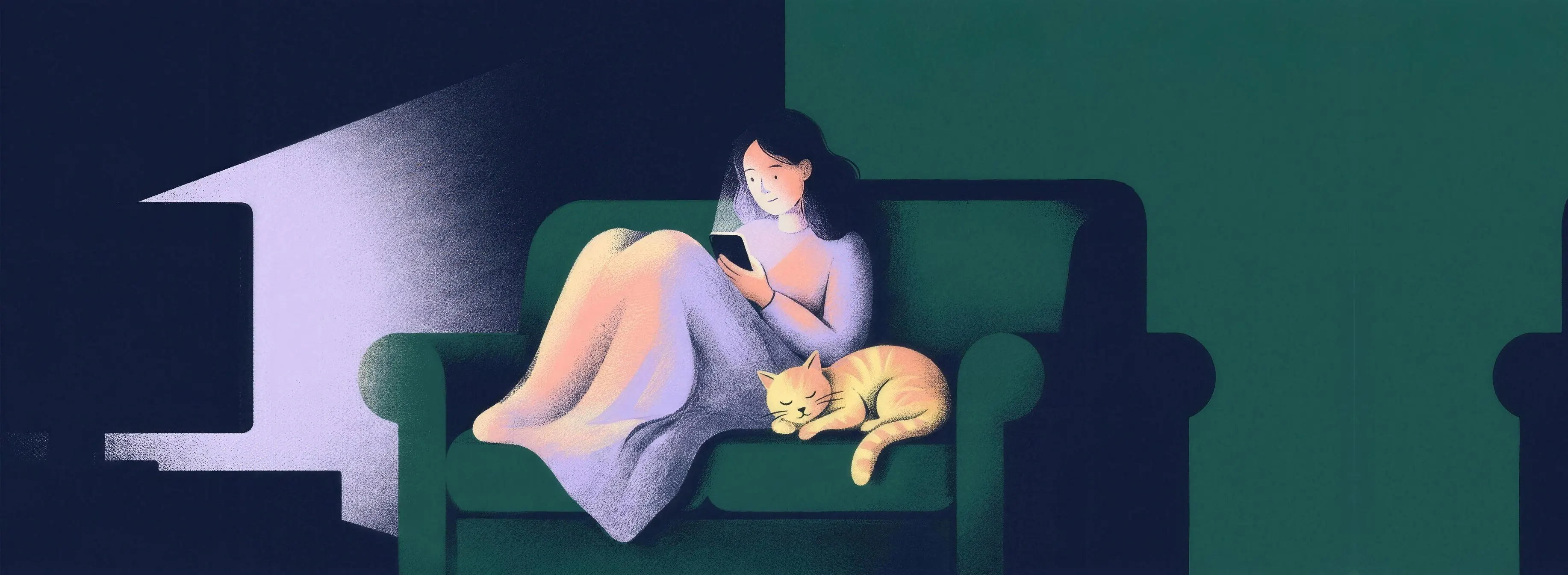 Illustration of a woman under a blanket on a sofa at midnight, cat asleep beside her, booking on her phone by the glow of the TV