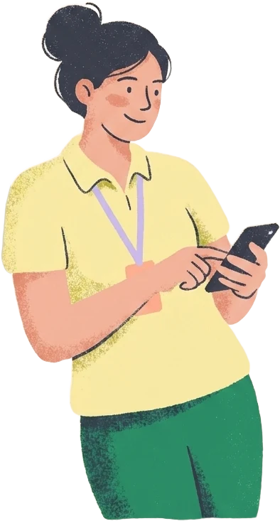 Illustration of a relaxed physiotherapist sending a short email from her phone