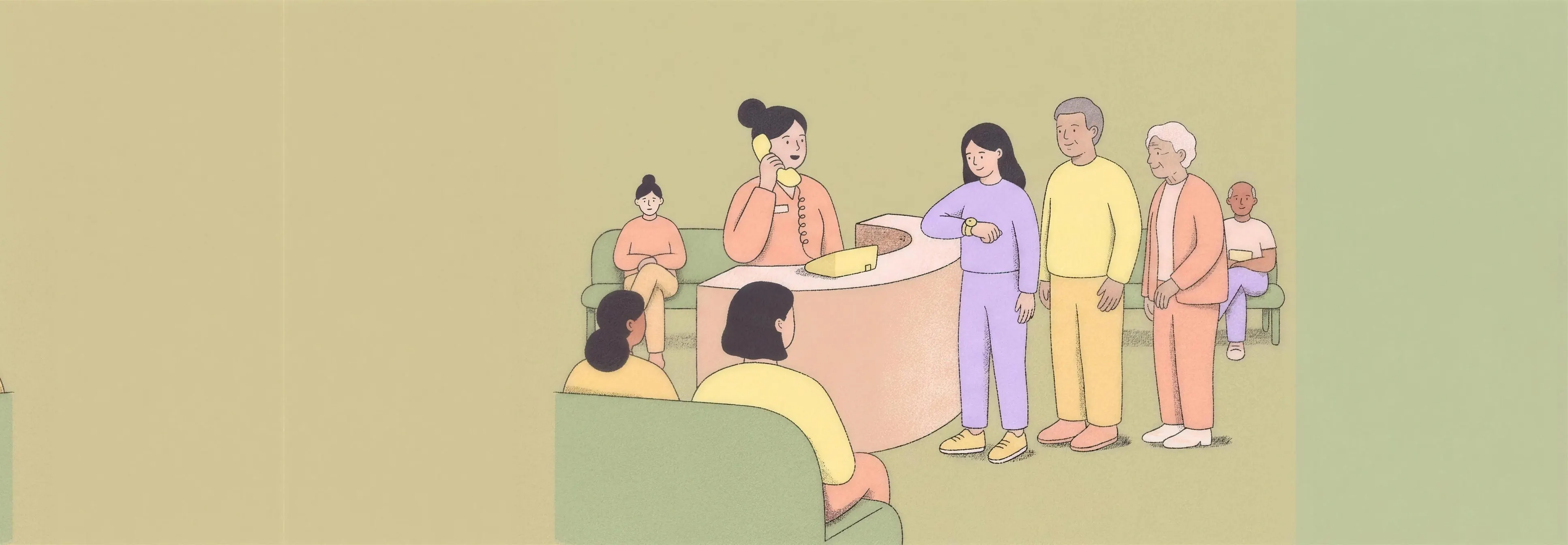 Illustration of a clinic reception desk in the morning, the receptionist on the phone while a queue of patients waits