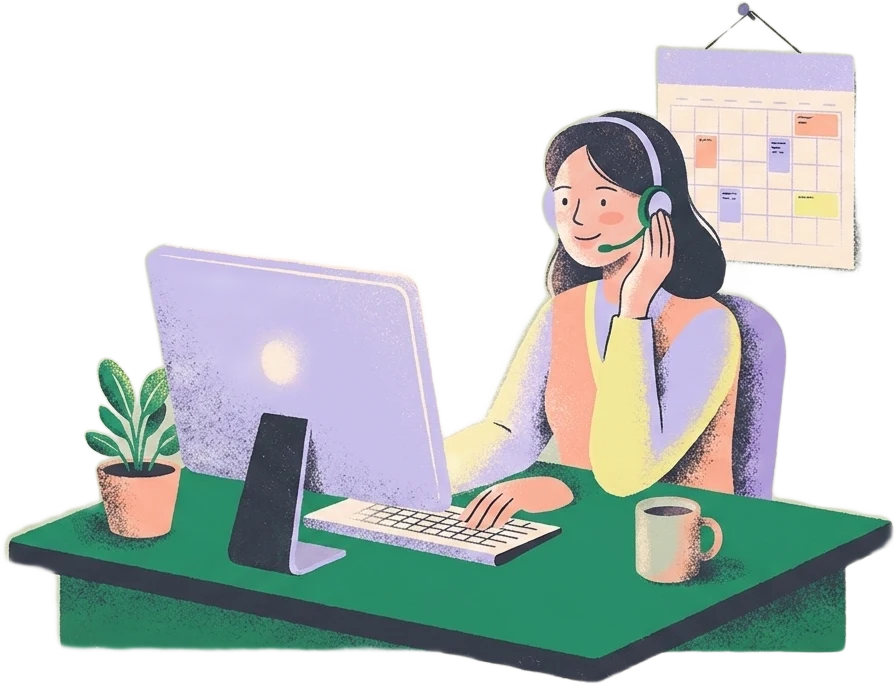 Illustration of a virtual assistant with a headset at her desk, a wall diary of pastel appointment blocks behind her