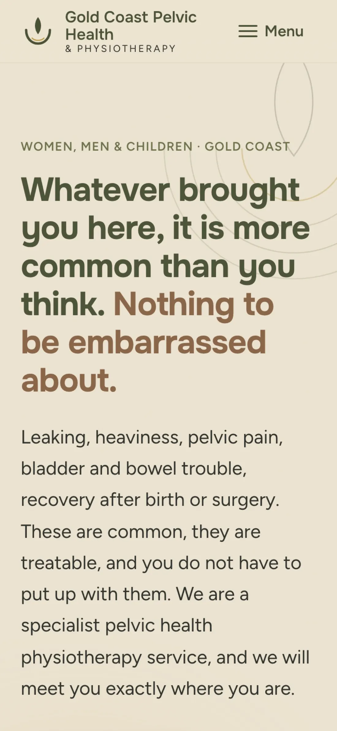 Gold Coast Pelvic Health home page on mobile