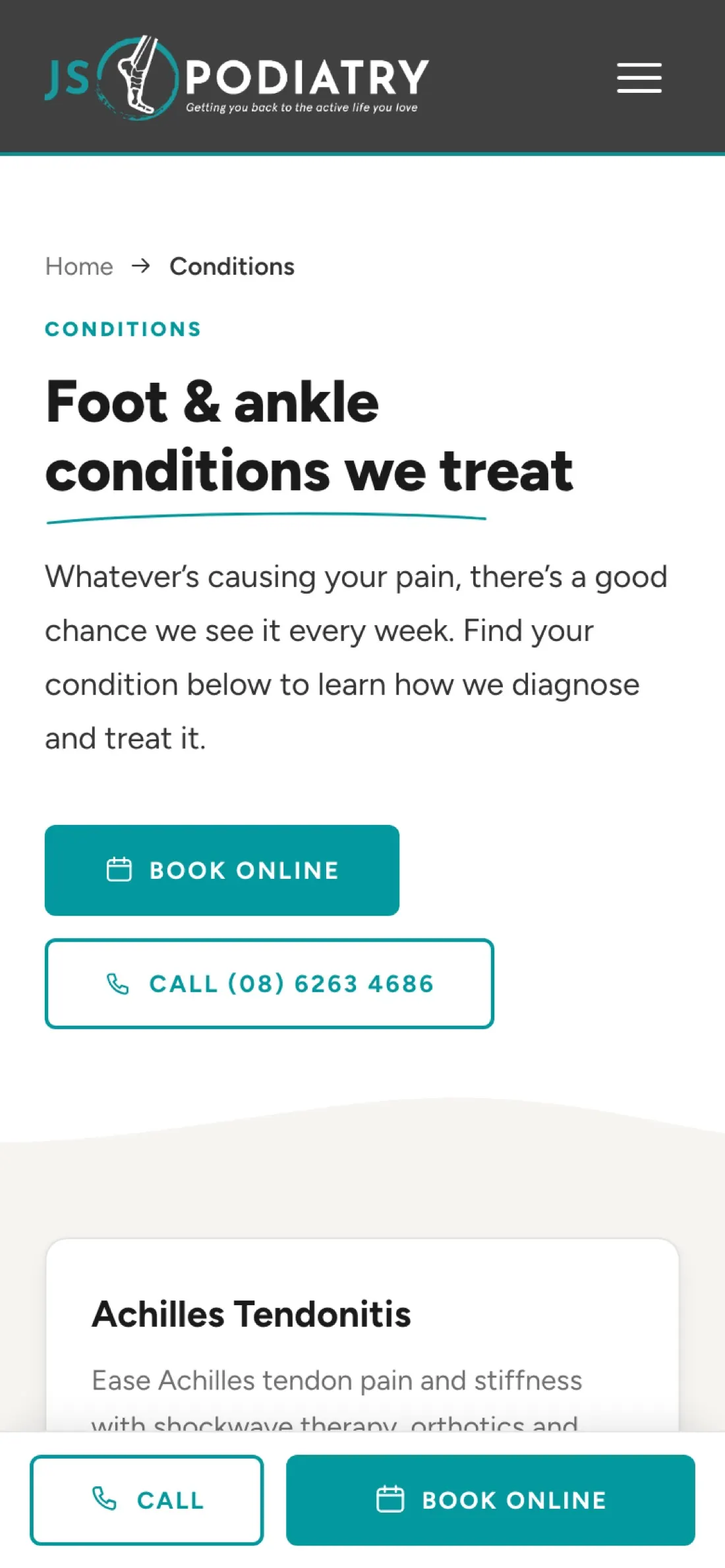 JS Podiatry conditions index on mobile