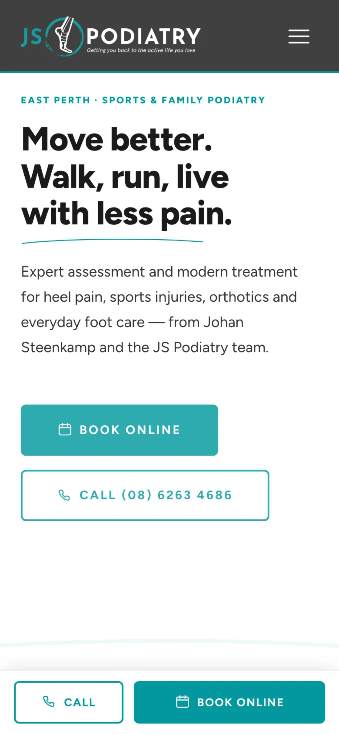 JS Podiatry home page on mobile