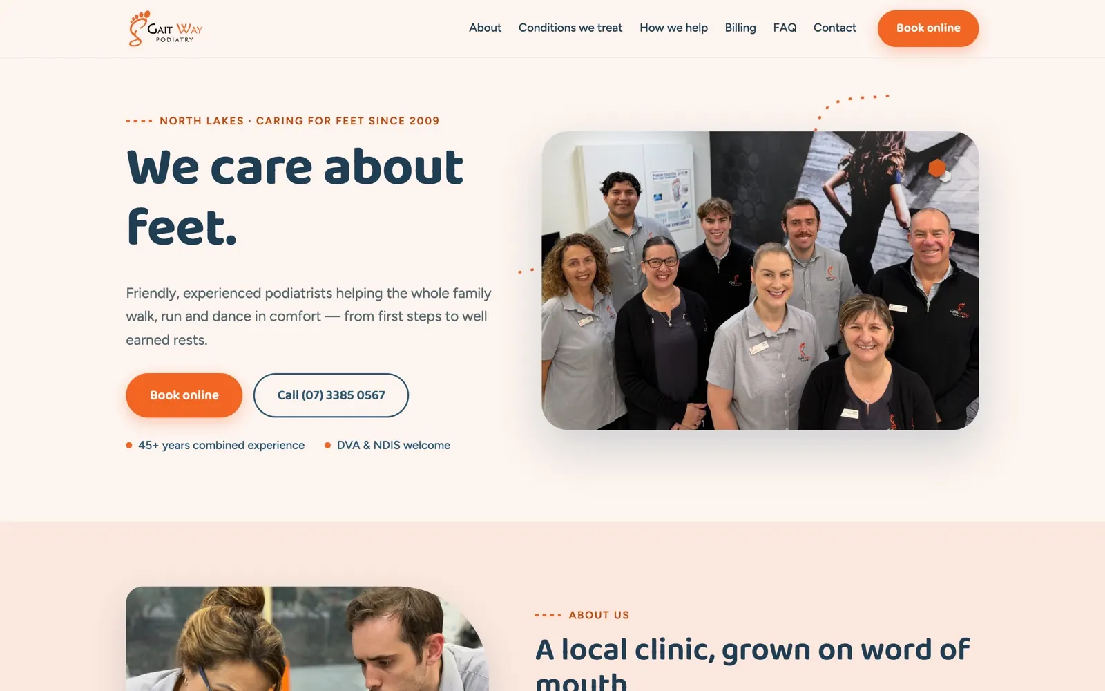 Gait Way Podiatry home page with warm palette and full team photograph