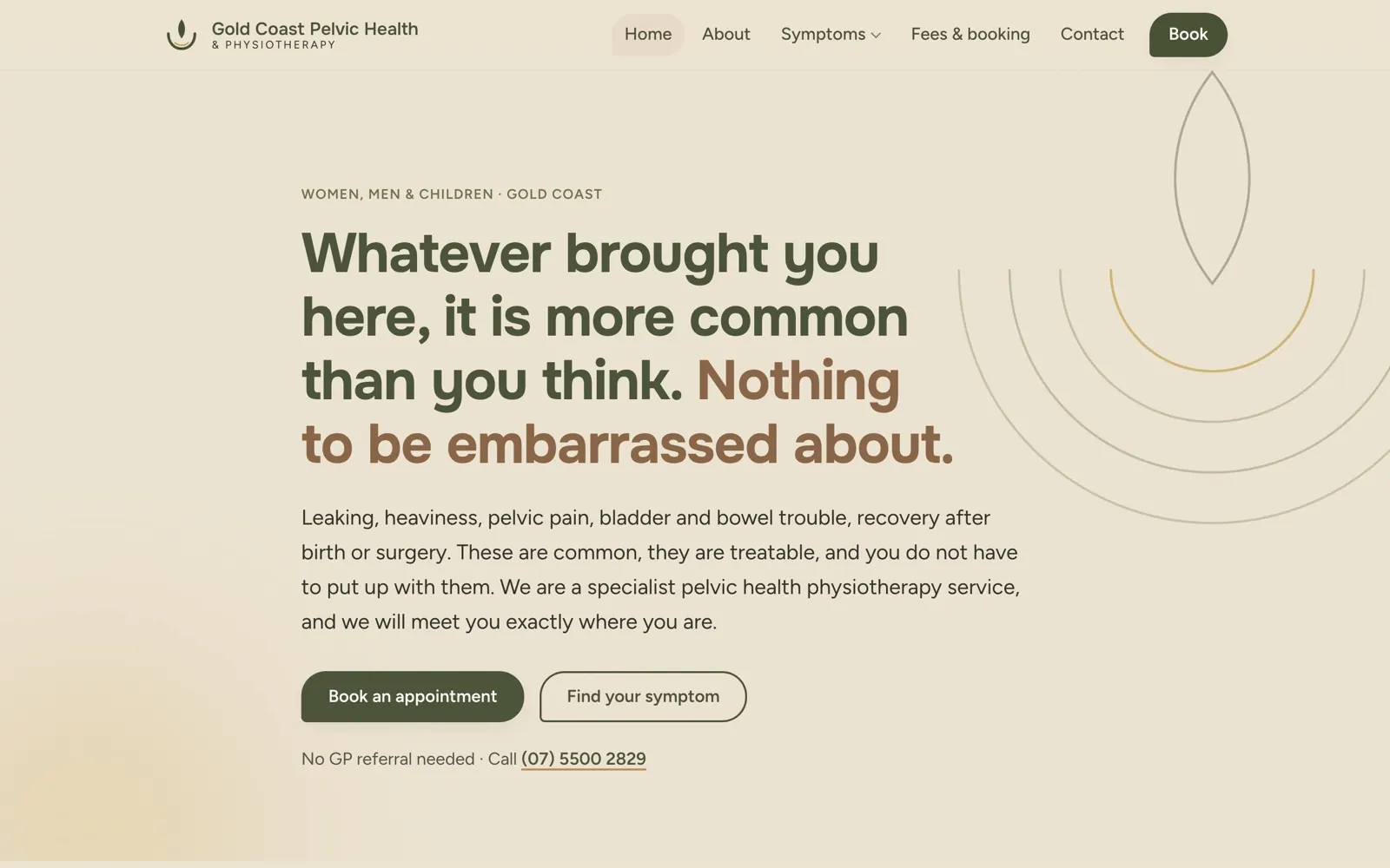 Gold Coast Pelvic Health home page with calm, understated design and symptom finder