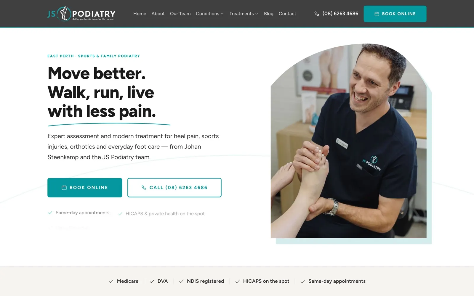 JS Podiatry home page: bold headline, booking buttons and warm clinic photography
